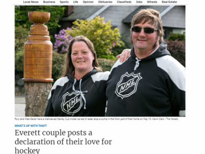 Tomas Vrba creates wood carving of Stanley cup with a chainsaw, Everett couple posts a declaration of their love for hockey
